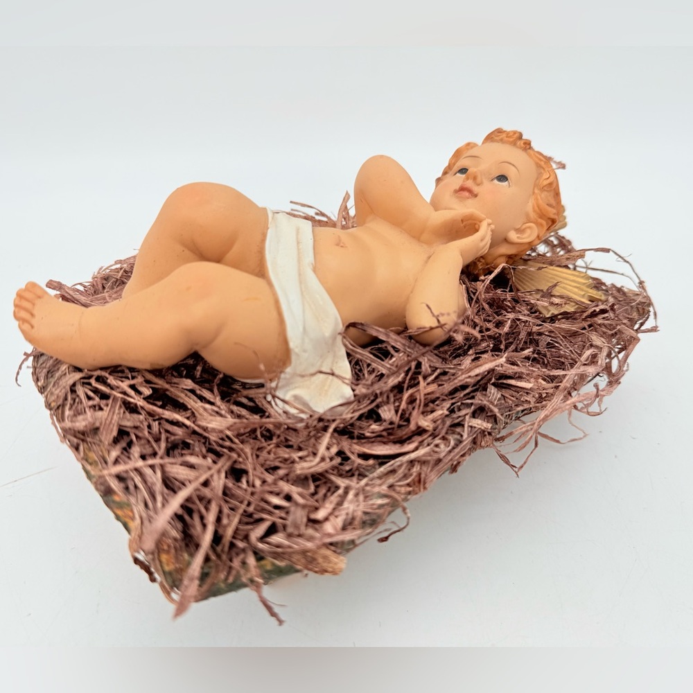Vintage Resin Baby Jesus Figure on wooden & hay bed - Christmas figures nativity